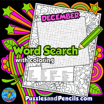 Preview of December Word Search Puzzle Activity with Coloring | December Puzzle