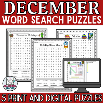 Preview of December Word Search Set Printable Pages and Digital Puzzles for Google Slides™