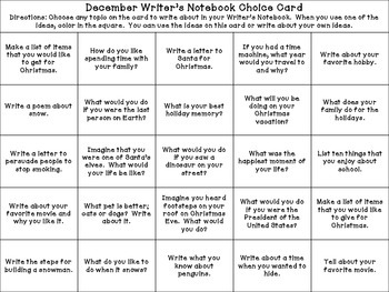December Writer's Choice Board / Calendar Prompts for Writer's Notebook