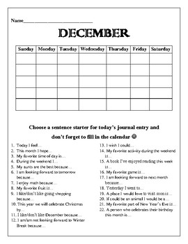 Preview of December Writing Journal Cover Page- Blank Calendar and Sentence Starters :)