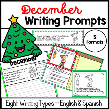 Preview of December Writing Prompts Bundle in English & Spanish - Full Pages & Task Cards