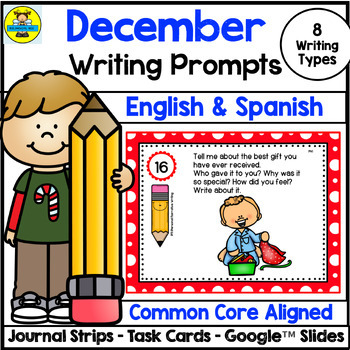 Preview of December Writing Prompts English & Spanish - Task Cards Journal Strips & Digital