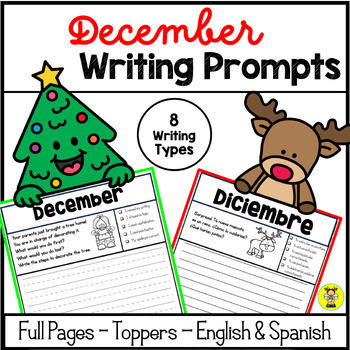 Preview of December Writing Prompts & Page Toppers in English & Spanish - Full Pages