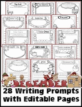 Preview of December Writing Prompts with Editable Pages for Journals, Homework, or Centers