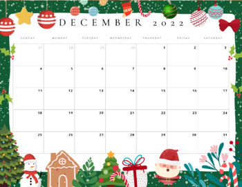December calendar 2022 printable editable fillable Christmas calendar