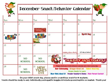 Preview of December editable snack calendar-updated for 2019!