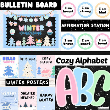Preview of January winter bulletin board,posters alphabet, affirmation station home Bundle