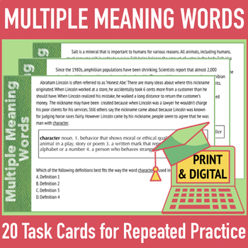 Preview of Task Cards: Multiple Meaning Words, Dictionary Definitions--Distance Learning