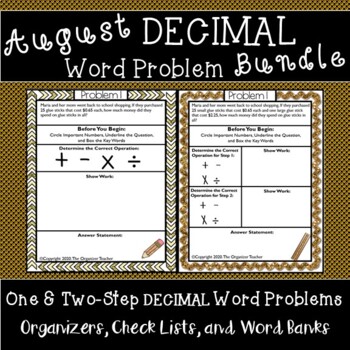 Preview of Decimal 1 and 2 Step Word Problems with Organizer BUNDLE (August Edition)