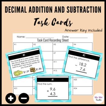 Preview of Decimal Addition and Subtraction Task Cards - Color and B&W