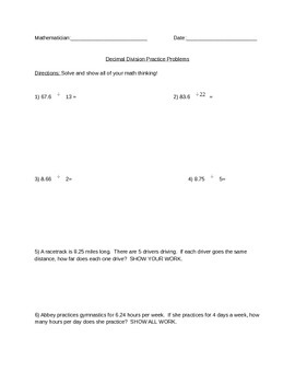 Preview of Decimal Division Practice Problems With Answer Key