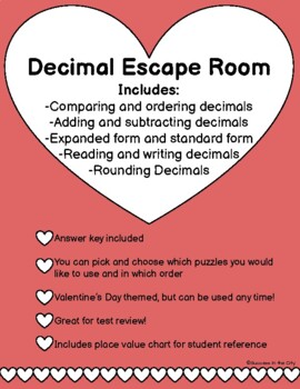 Preview of Decimal Escape Room| Compare, Order, Add/Subtract, Round| Valentine's Day Math
