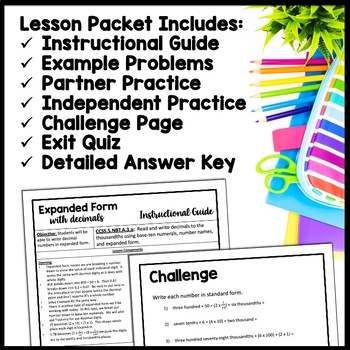 Decimal Expanded Form: Complete 5th Grade Lesson Packet & Quiz (5.NBT.3a)