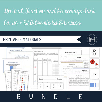 Preview of Decimal, Fraction and Percentage Task Cards + ELA Cosmic Ed. Extension Bundle