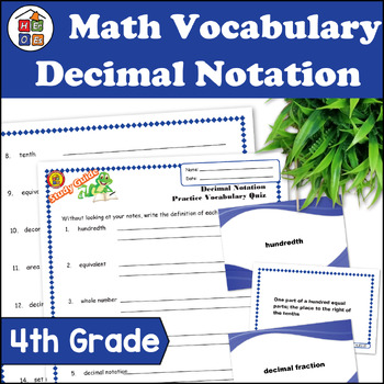 Preview of Decimal Notation | 4th Grade Math Vocabulary Study Guide Materials and Quizzes