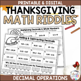 Decimal Operations 5NBT7 Thanksgiving Riddle Worksheet Activities