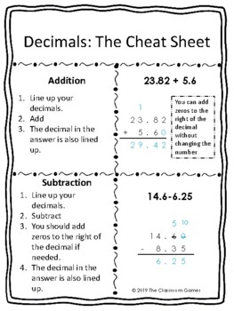Preview of Decimal Operations Cheat Sheet (Adding, Subtracting, Multiplying, and Dividing)