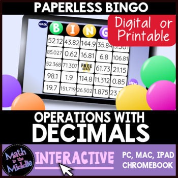Preview of Decimal Operations Interactive Digital Bingo Review Game - Paperless Resource