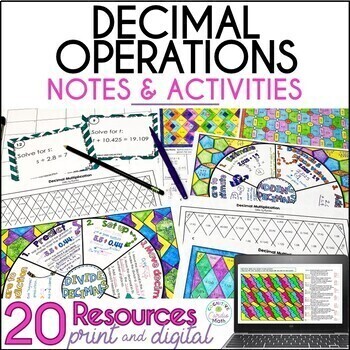 Preview of Decimal Operations Math Center Activities Color by Number, Task Cards, Notes
