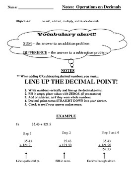 Preview of Decimal Operations Notes