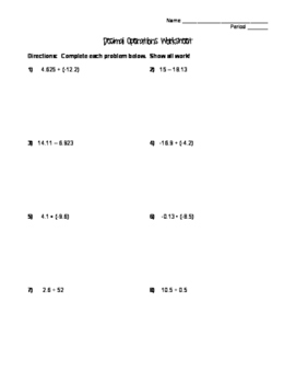 decimal operations practice worksheet positive and negative numbers