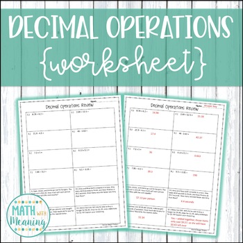 Preview of Decimal Operations Review Worksheet Freebie - Add, Subtract, Multiply, Divide