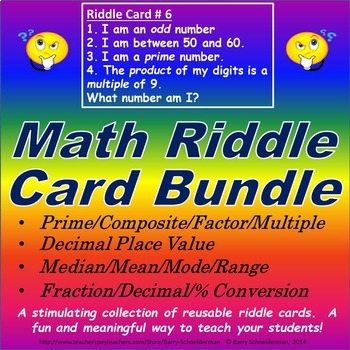 Preview of Decimal Place Value/ Median-Mean/ Prime/ Fraction-Percent Riddle Card Bundle