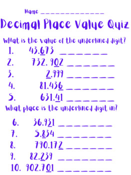 Preview of Decimal Place Value