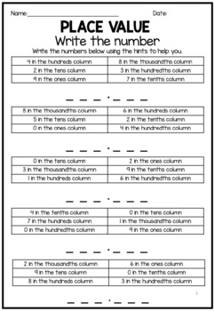 decimal place value into the thousandths 3 free worksheets tpt