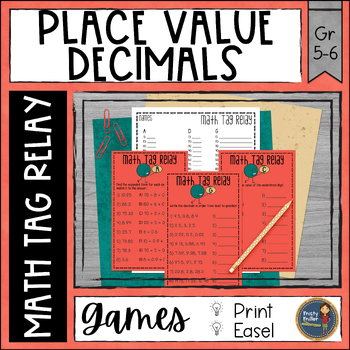 Preview of Decimal Place Value Math Tag Relay - Forms, Value, Rounding, Compare, Order