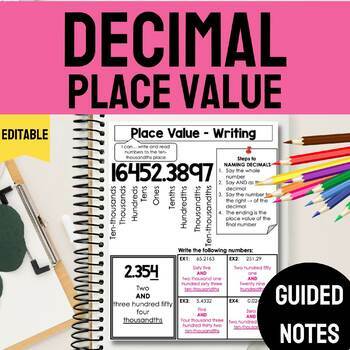 Preview of Decimal Place Value Notes and Practice EDITABLE Read Write Compare Round