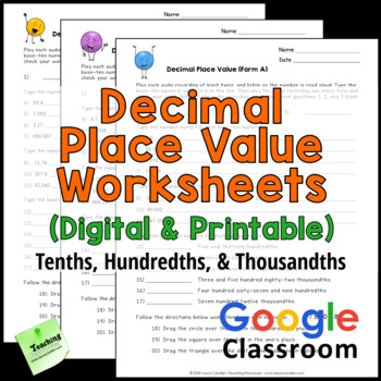 decimal place value worksheets tenths hundredths and