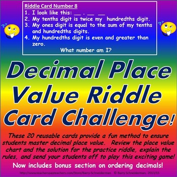 Preview of Decimal Place Value Riddle Card Challenge Game (with Ordering of Decimals!)