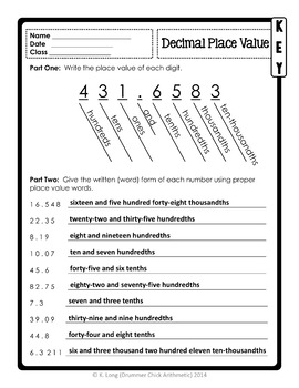Decimal Place Value Worksheet by Drummer Chick Arithmetic ...