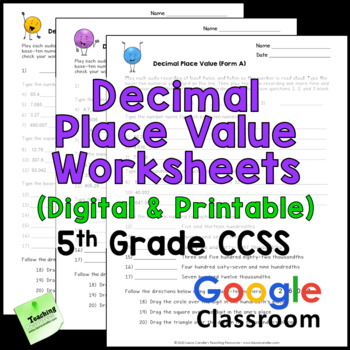 Preview of Decimal Place Value Worksheets - CCSS 5th Grade