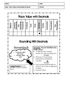 Preview of Decimal Place Value with Rounding Decimals