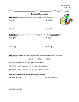 Preview of Decimal Place Values Worksheet