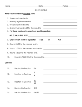 Preview of Decimal Quiz (Written Form, Order, Rounding, and Converting)