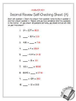 decimal review all operations self checking worksheets differentiated
