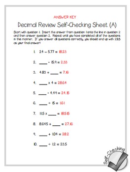 Decimal Review (All Operations) Self-Checking Worksheets - Differentiated