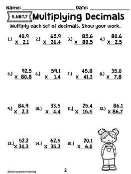 multiplying decimals by decimals worksheet
