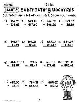 Subtracting Decimals Worksheets by Teacher Gameroom | TpT