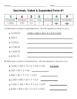 Decimal Value & Expanded Form - Version 1 by Exploring Elementary Math