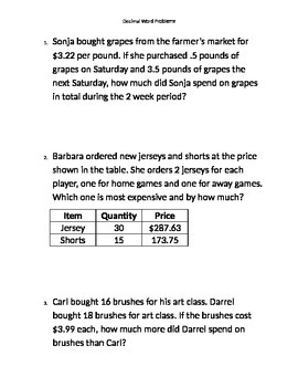 Preview of Decimal Word Problems
