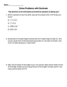 Preview of Decimal Word Problems (Middle School Level)