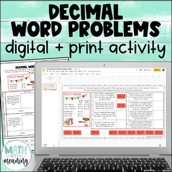 Preview of Decimal Word Problems Digital and Print Activity for Google Drive - Menu Math
