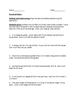 Preview of Decimal Word Problems (add, subtract, multiply)-Problemas verbales con decimales