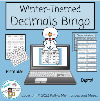 Preview of Decimals Bingo Math Game - Digital and Printable - Winter-Themed