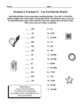 Preview of Decimals & Fractions Match 1