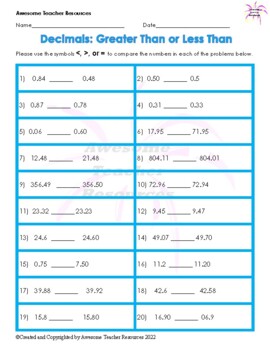 Preview of Decimals Greater Than or Less Than Worksheet #1